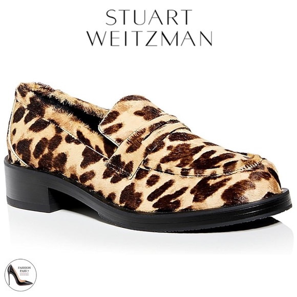 Stuart Weitzman Palmer Bold Calf Hair Loafer Leopard print block heel flat shoes - Picture 1 of 12
